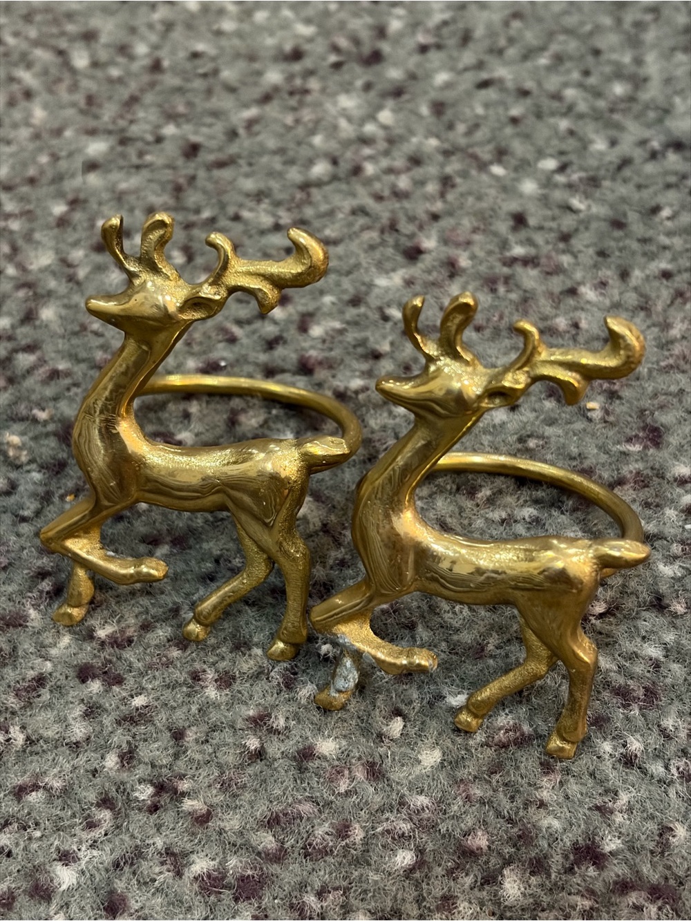 Pair of Brass Reindeer Napkin Rings - Gold Tone